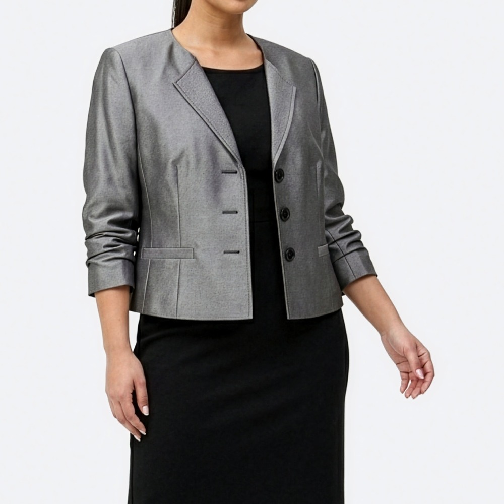 Kasper Satin Sheen Collarless Blazer Grey Large 0X Cocktail Wedding Guest Jacket